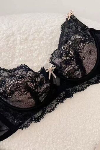 Sheer Floral Lace Underwire Bra for Women, Black Beige Sexy Mesh Bra with Bow Accent
