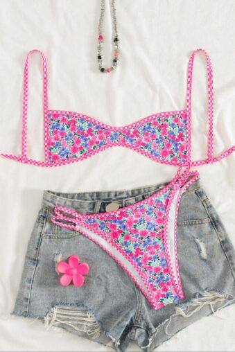 Wild Fusion Exotic Mixed Animal Print Underwire High-Cut Bikini with Brown Trim and Multi-Strap Details