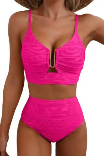 Ruched High-Waisted U-Bar Bikini Set * Textured Plunge High Waist Two Piece Swimsuit